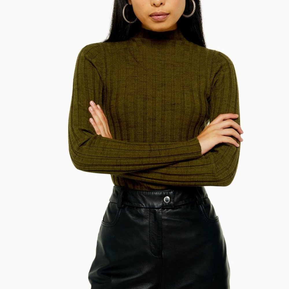 Topshop Khaki Knitted Marl Funnel Neck Top - Picture 2 of 5